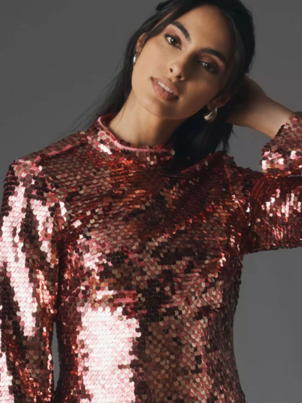 Maeve Anthropologie Pink Long-Sleeve Mock-Neck Sequin Mini Dress Party Festive S - Picture 3 of 7